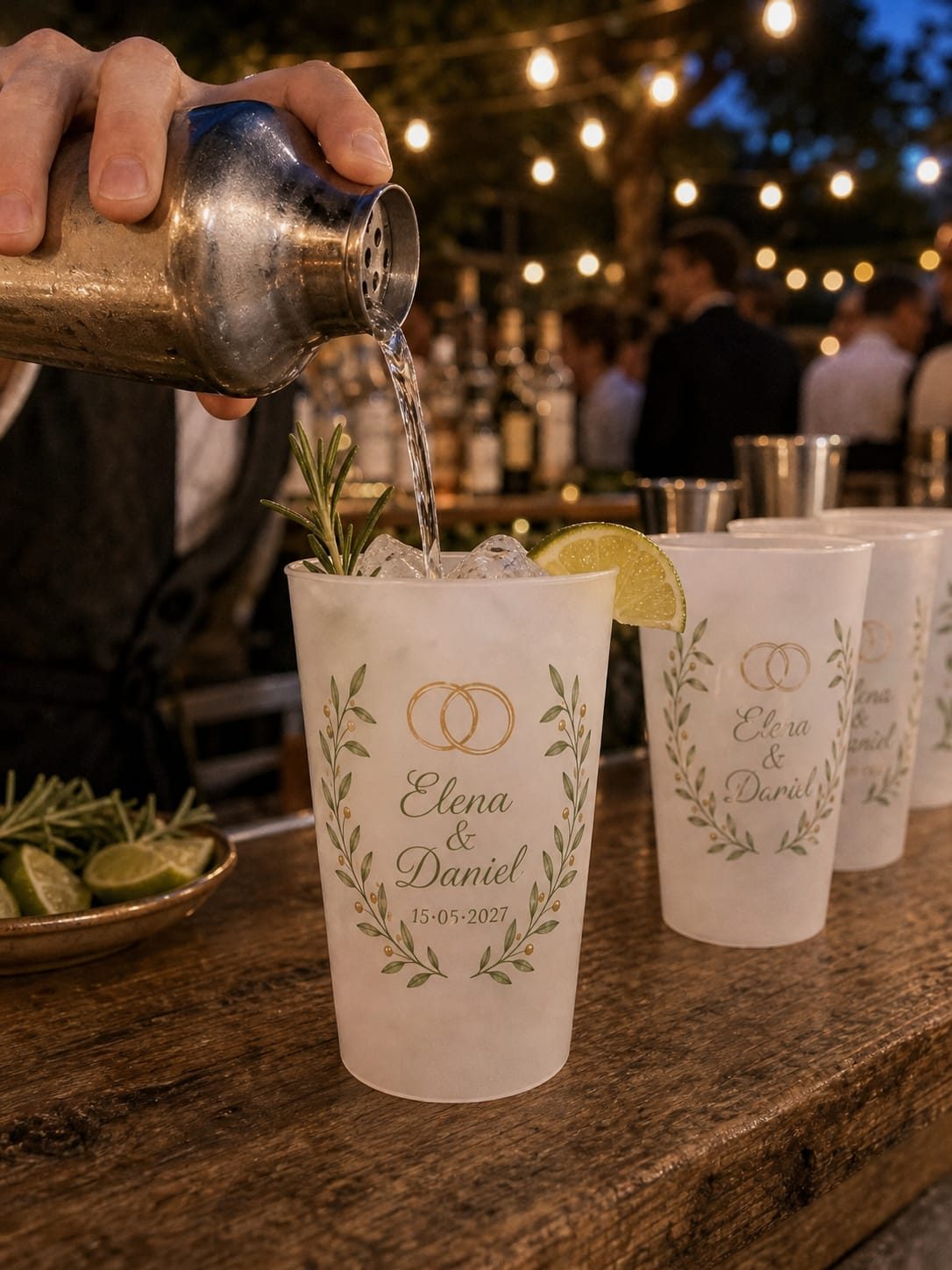 Camarero sirviendo un cóctel en un vaso reutilizable impreso, en la barra de una boda