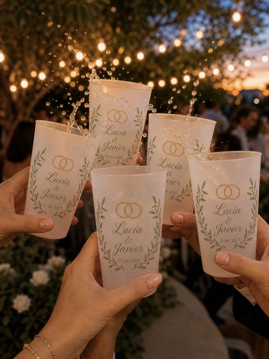 Cinco invitados brindando con vasos reutilizables personalizados durante el cóctel