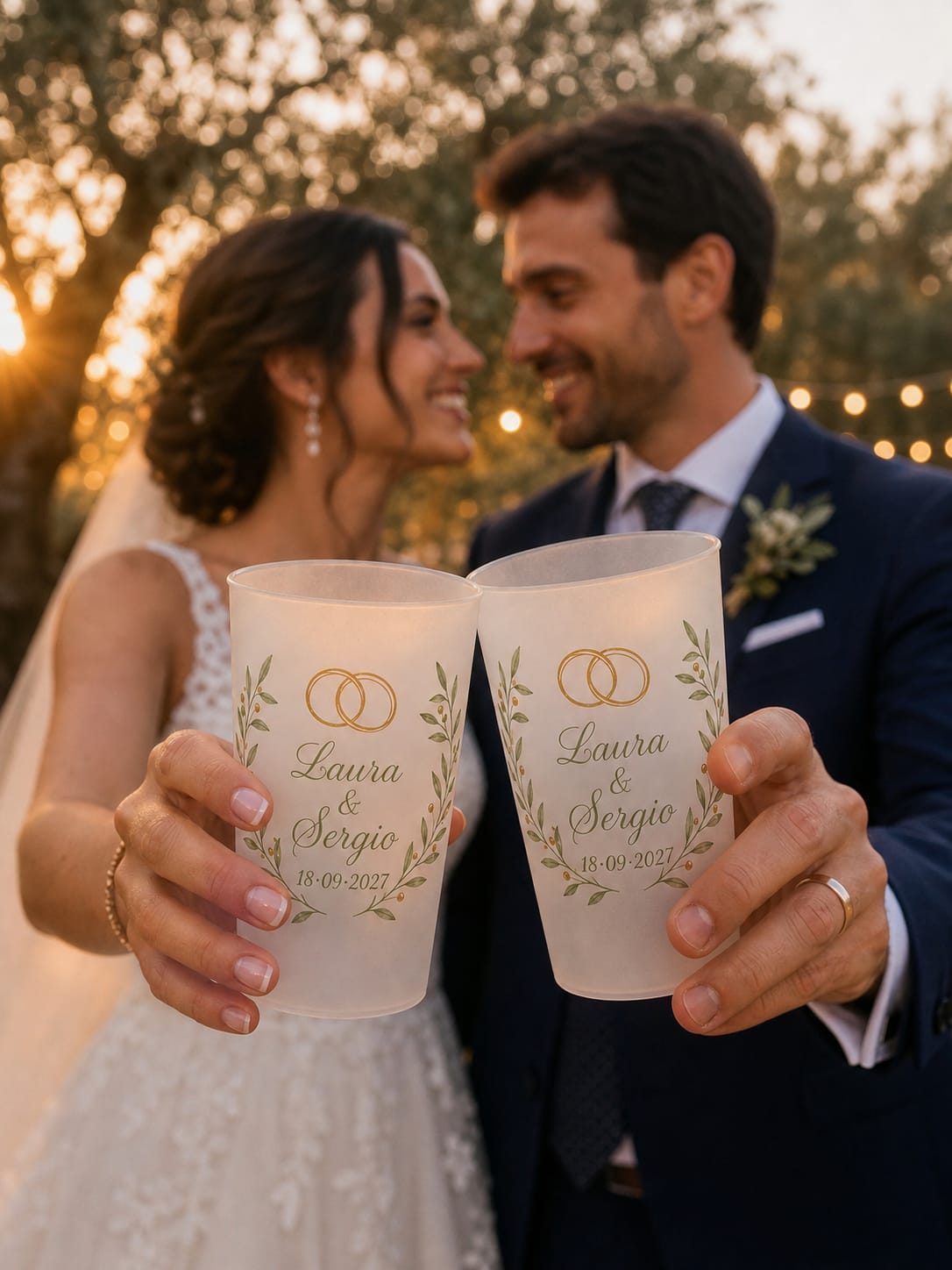Dos novios brindando con vasos reutilizables impresos con sus nombres y la fecha de la boda