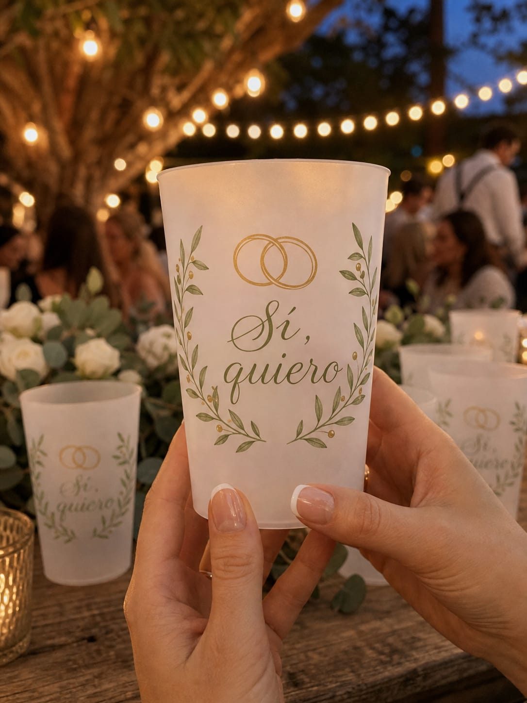 Vaso reutilizable impreso con la frase «Sí, quiero» y una corona de olivo